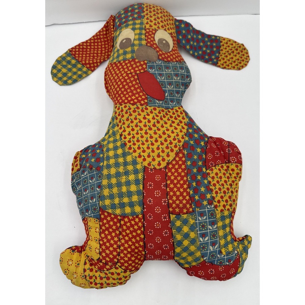 Vtg 1970s Patchwork Dog Plushie Retro Floppy Ear Stuffed Animal Pillow Stars
